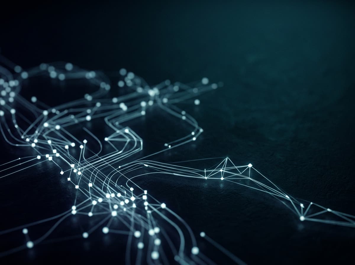 Interconnected records and audit trails as glowing nodes across a dark field