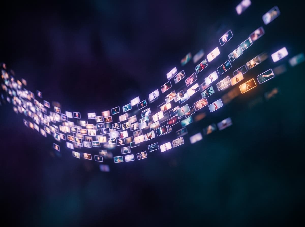 A luminous wall of creative video frames streaming outward in a graceful sweep