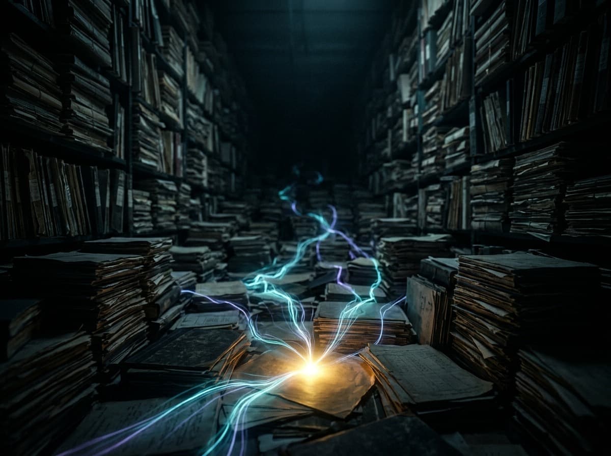 Stacks of contracts and ledgers receding into darkness, a thread of light finding one of them